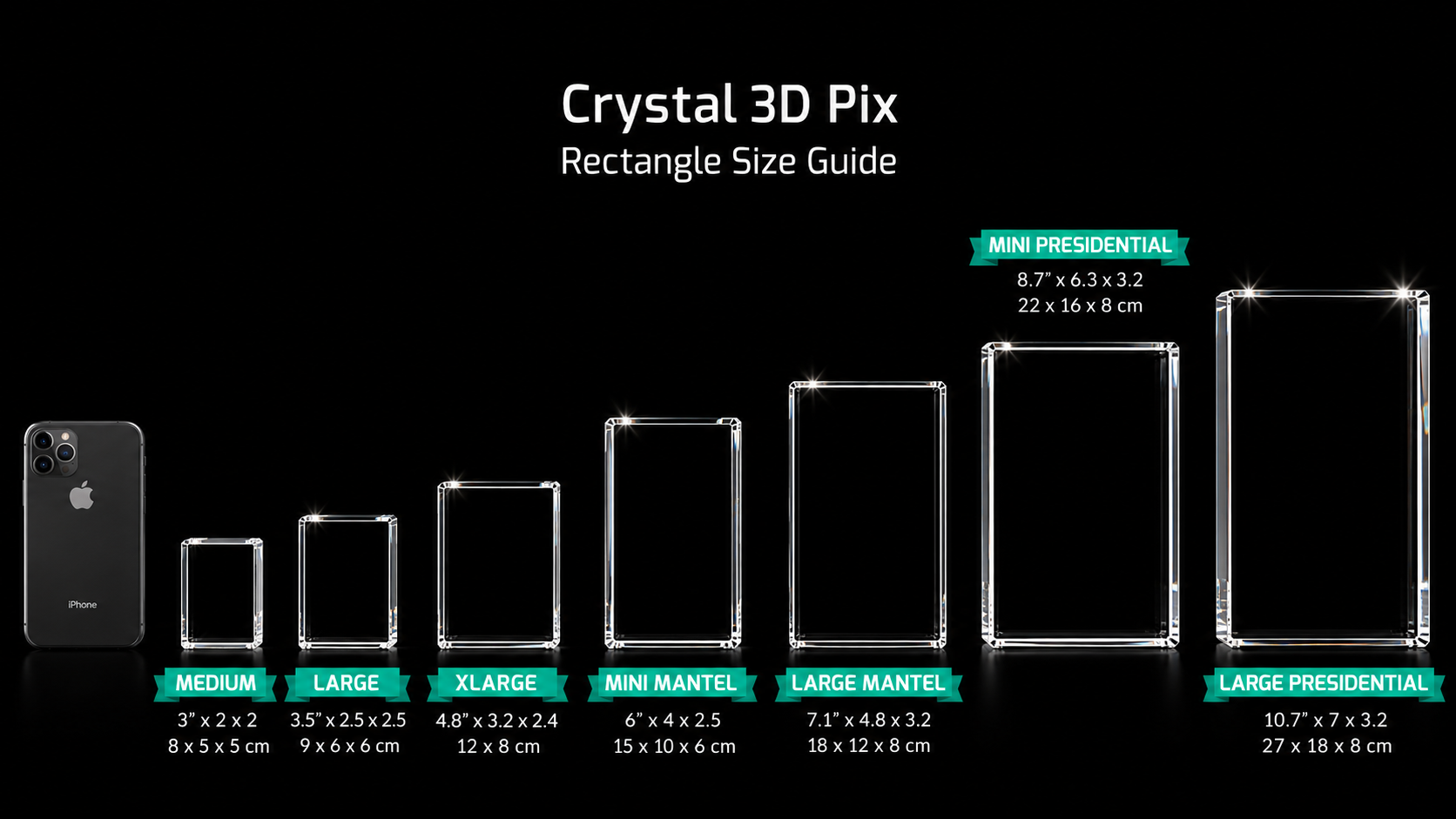 Crystal 3D Pix 3D Crystal Rectangle size guide shows seven labeled rectangles with dimensions, best displayed with a light base.
